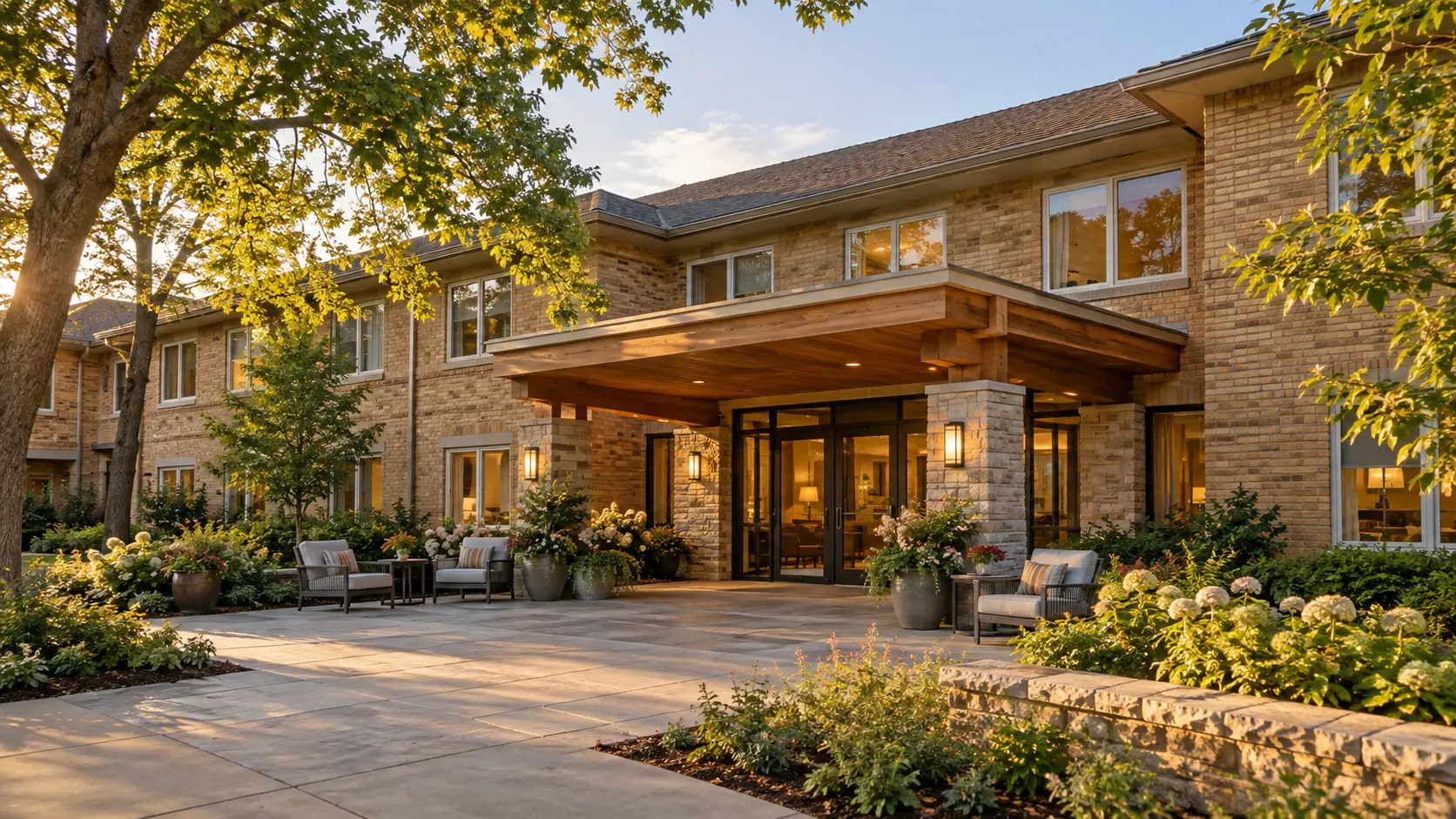 Conceptual illustration of a refreshed senior-living community with a welcoming entrance and landscaped outdoor spaces.