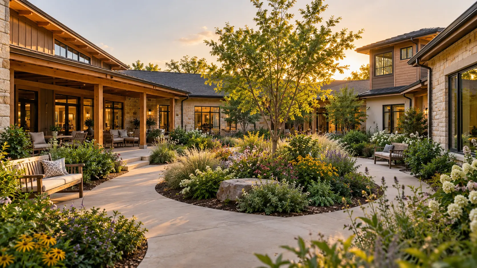 Conceptual illustration of a low-rise residential community arranged around a sheltered garden.