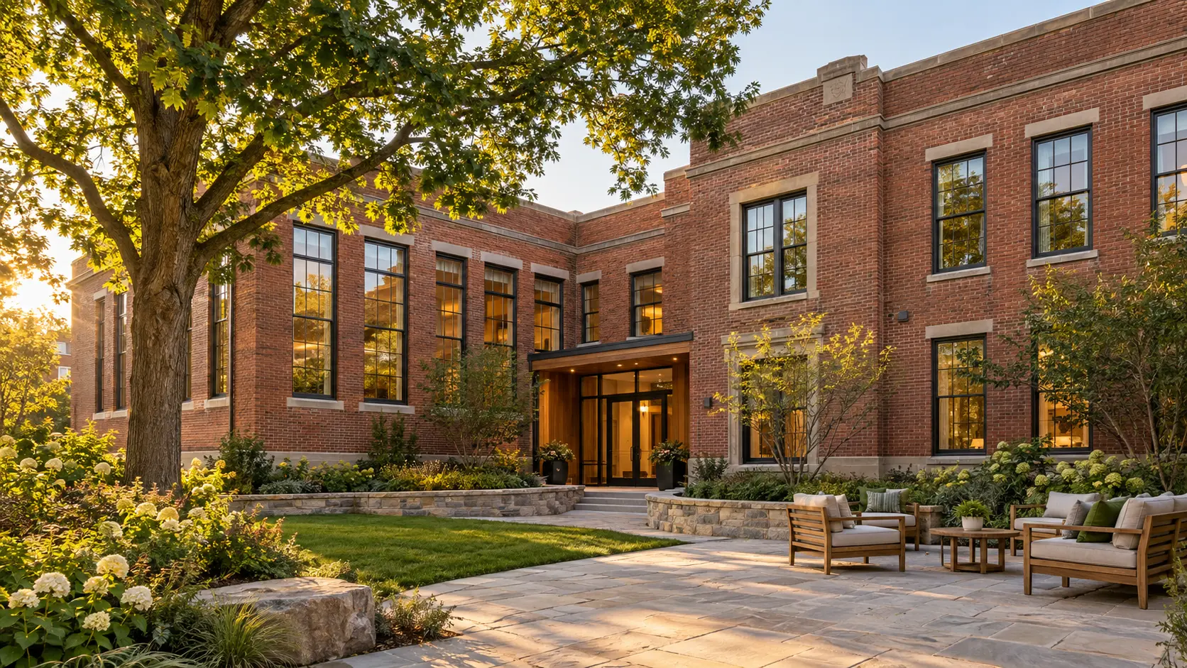 Conceptual illustration of a former school reimagined as a welcoming senior-living community.